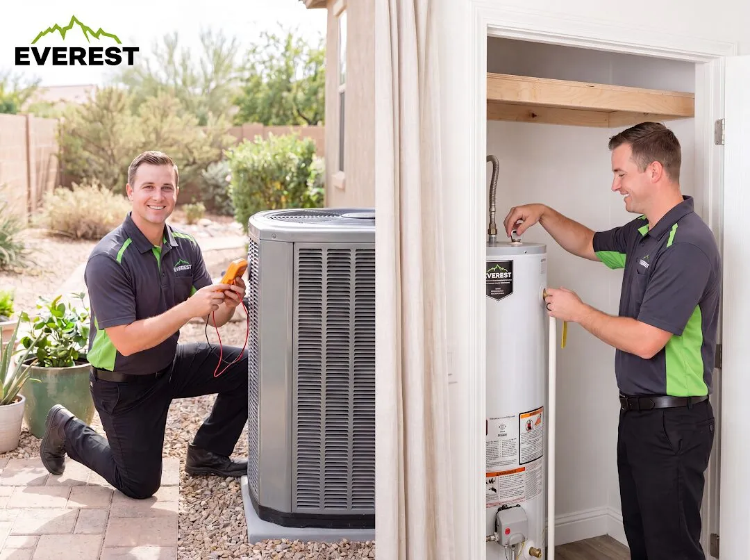 Everest technicians servicing a heat pump and a water heater